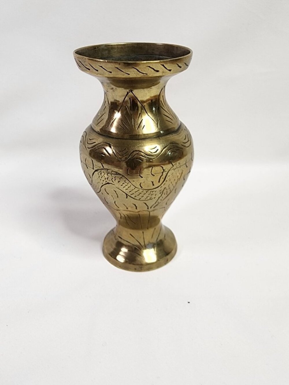 Vintage Brass Etched Vase BDragonMotif Boho Decor ~14cm